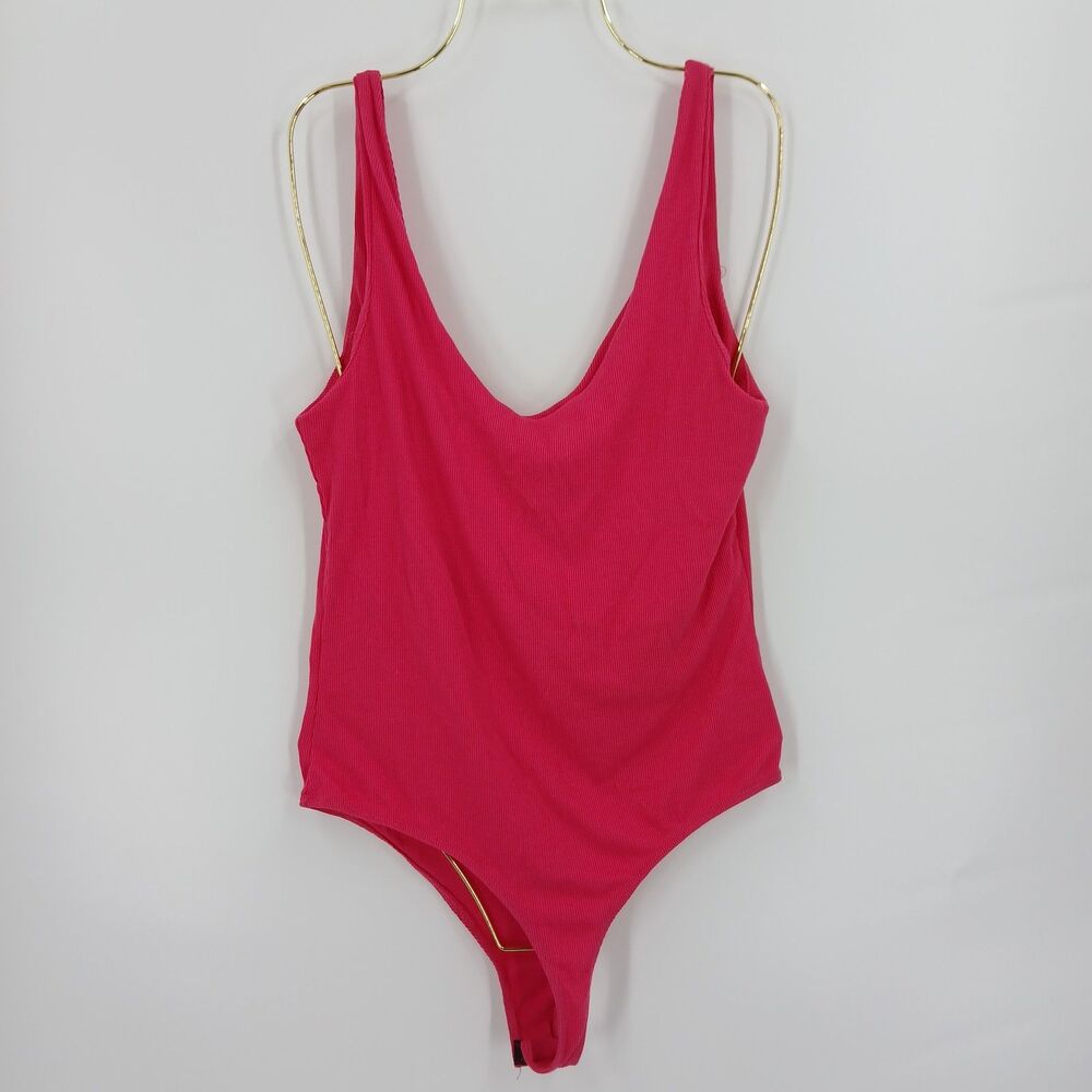 womans Willow Bright Pink Ribbed High Cut One Piece Bodysuit Size L
